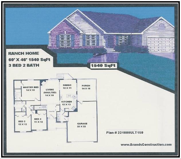 House free floor and elevation plans for new home building. This  plan of home 1540 square feet is a home built by Brands Construction and is a house plan  in our New house and home stock plan free series