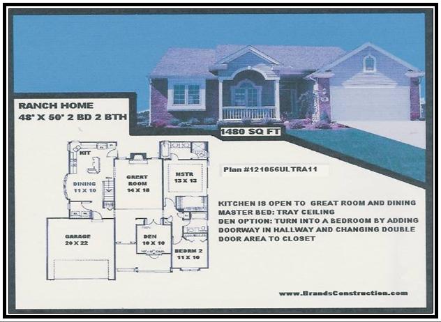 House free elevation plan for new home building. This  plan of home 1480 square feet is a home built  by Brands Construction and is a house plan  in our New house and home stock plan free series

www.HomePlansForFree.com