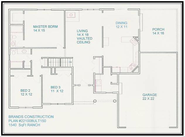House free floor plan for new home building. This  plan of home 1540 square feet is a home built by Brands Construction and is a house plan  in our New house and home stock plan free series