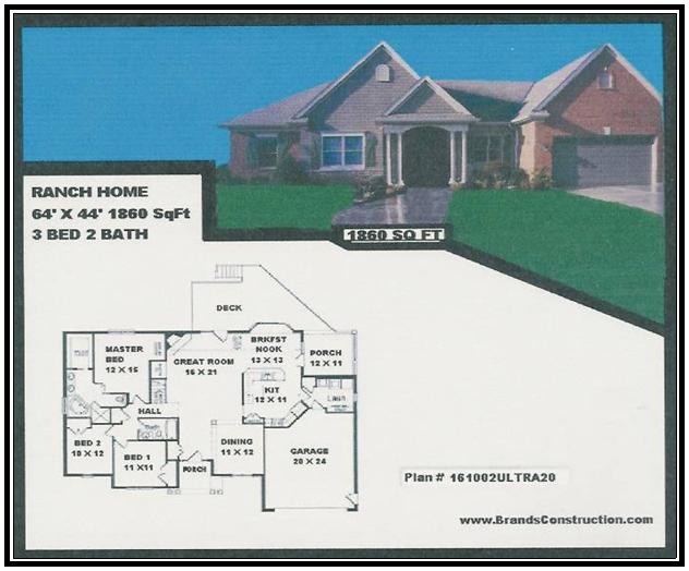 House free floor and elevation  plans for new home building. This  plan of a home 1860 square feet is a new home built by Brands Construction and is a house building  plan in our new house and home stock plan free series
